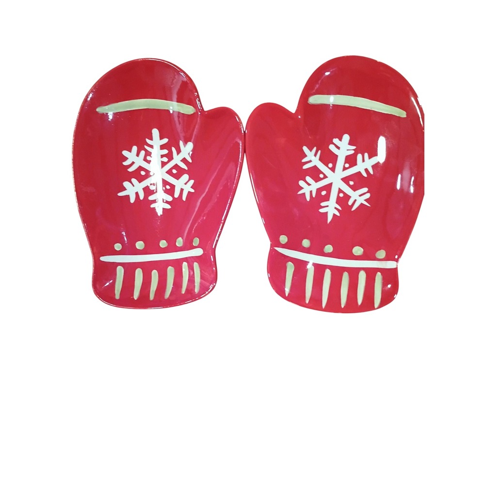 Hallmark Mitten Serving Dishes Set of 2 Red Snowflake Christmas Ceramic Plates